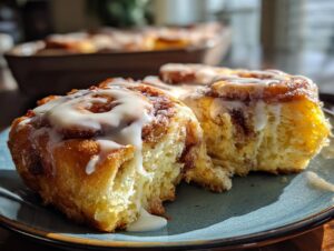 Close-up of a fluffy cinnamon roll casserole slice with gooey cream cheese icing.