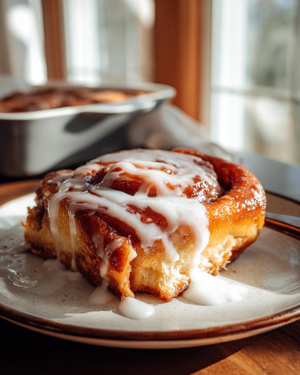 A close-up of a single, gooey cinnamon roll casserole slice drizzled with white icing.