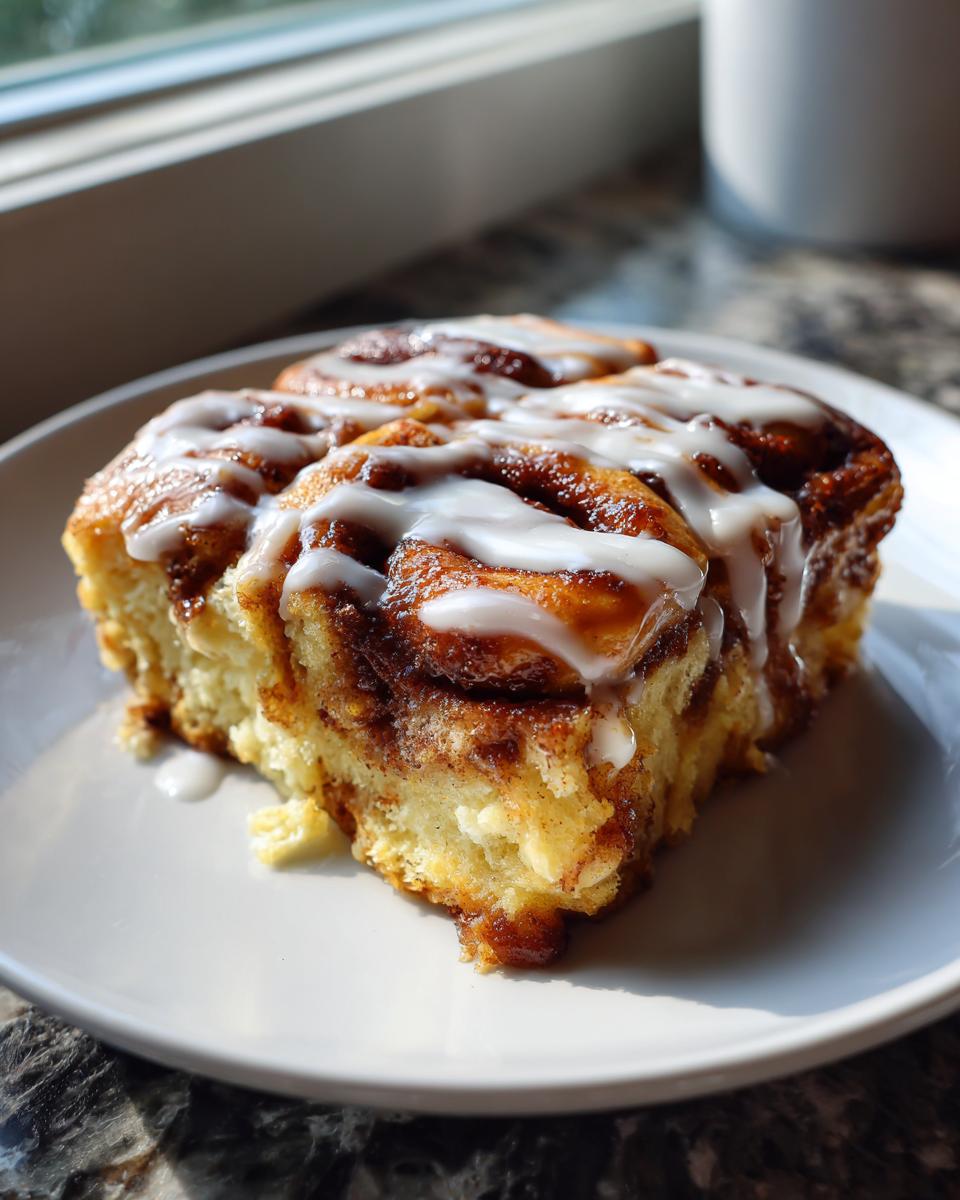 A close-up of a slice of cinnamon roll casserole, drizzled with white icing.
