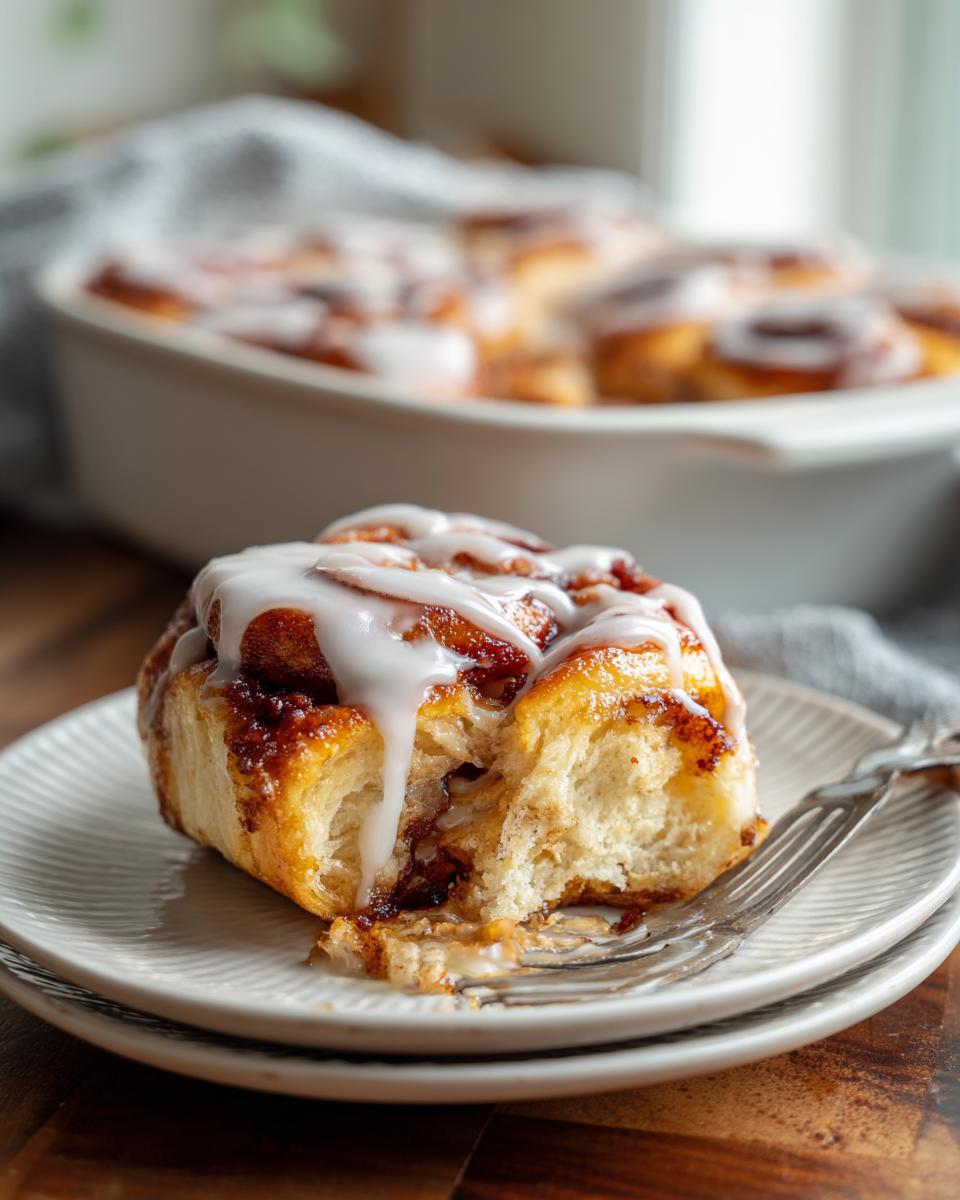 A close-up of a gooey cinnamon roll casserole slice on a plate, drizzled with white icing.