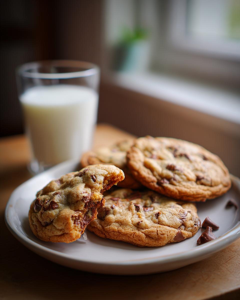 A plate of perfect classic chocolate chip cookies, one broken in half, with a glass of milk in the background.