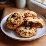 A close-up of several perfect classic chocolate chip cookies on a white plate, one broken in half to show gooey chocolate chips.