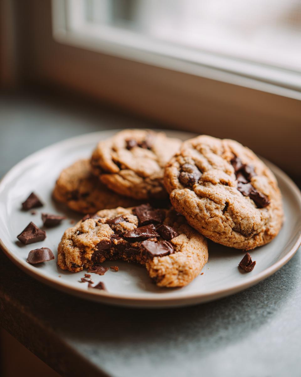 A plate piled high with classic chocolate chip cookies, one with a bite taken out, showing gooey chocolate chips.