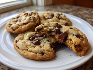 A plate with three perfect classic chocolate chip cookies, one broken in half to show gooey chocolate chips.