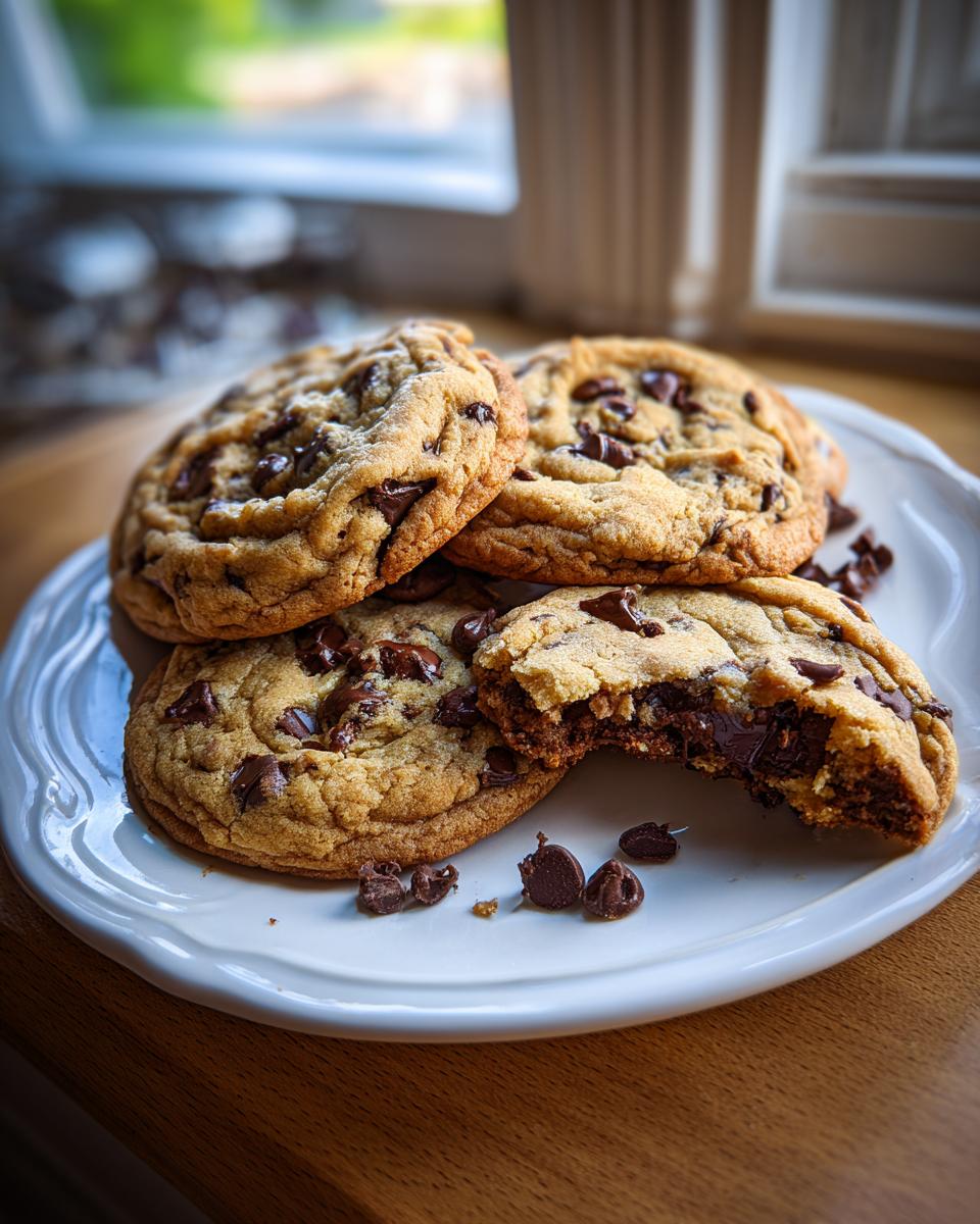 A stack of warm, gooey classic chocolate chip cookies on a white plate, with one cookie broken in half to show the melted chocolate chips.