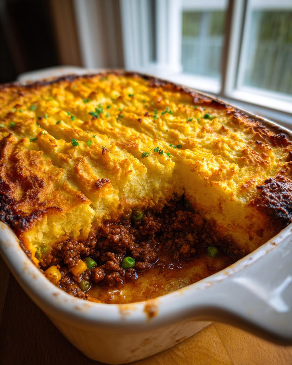 A close-up of a classic shepherd's pie in a white baking dish, showing the rich meat filling with peas and carrots under a golden, textured mashed potato topping.