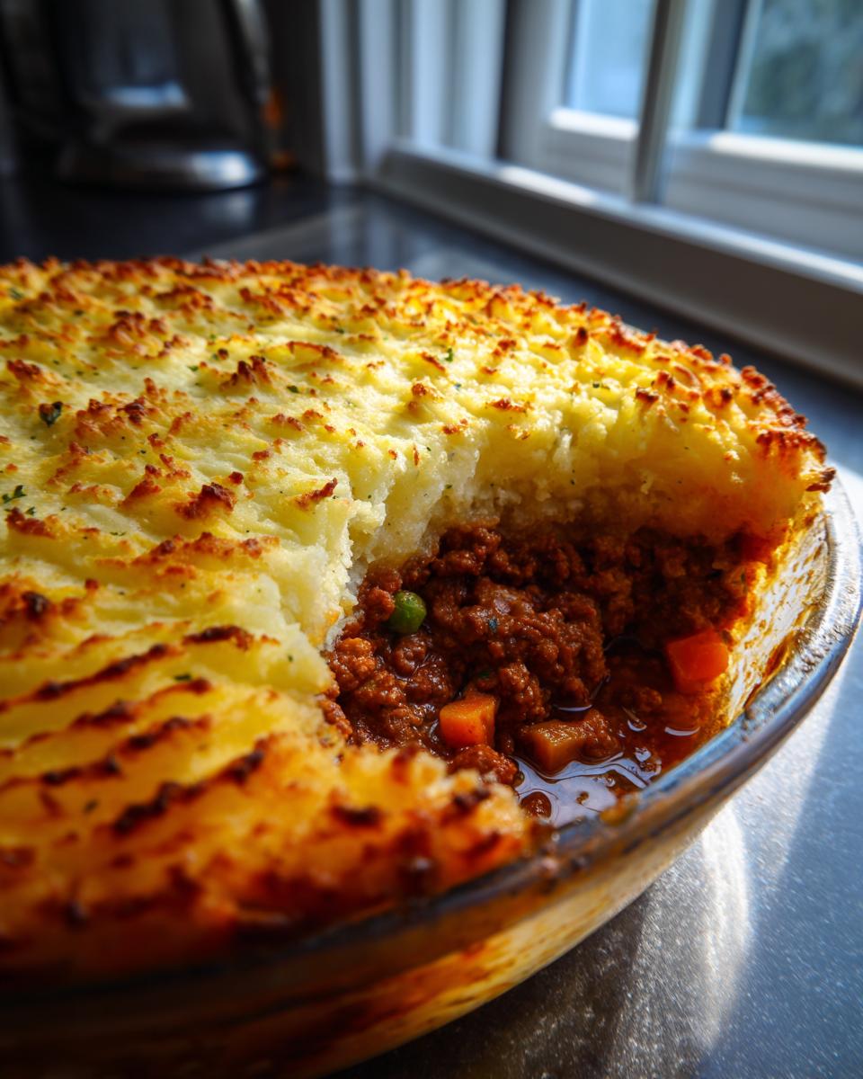 A close-up of a Classic Shepherd's Pie with a golden-brown mashed potato topping and a rich meat filling visible.
