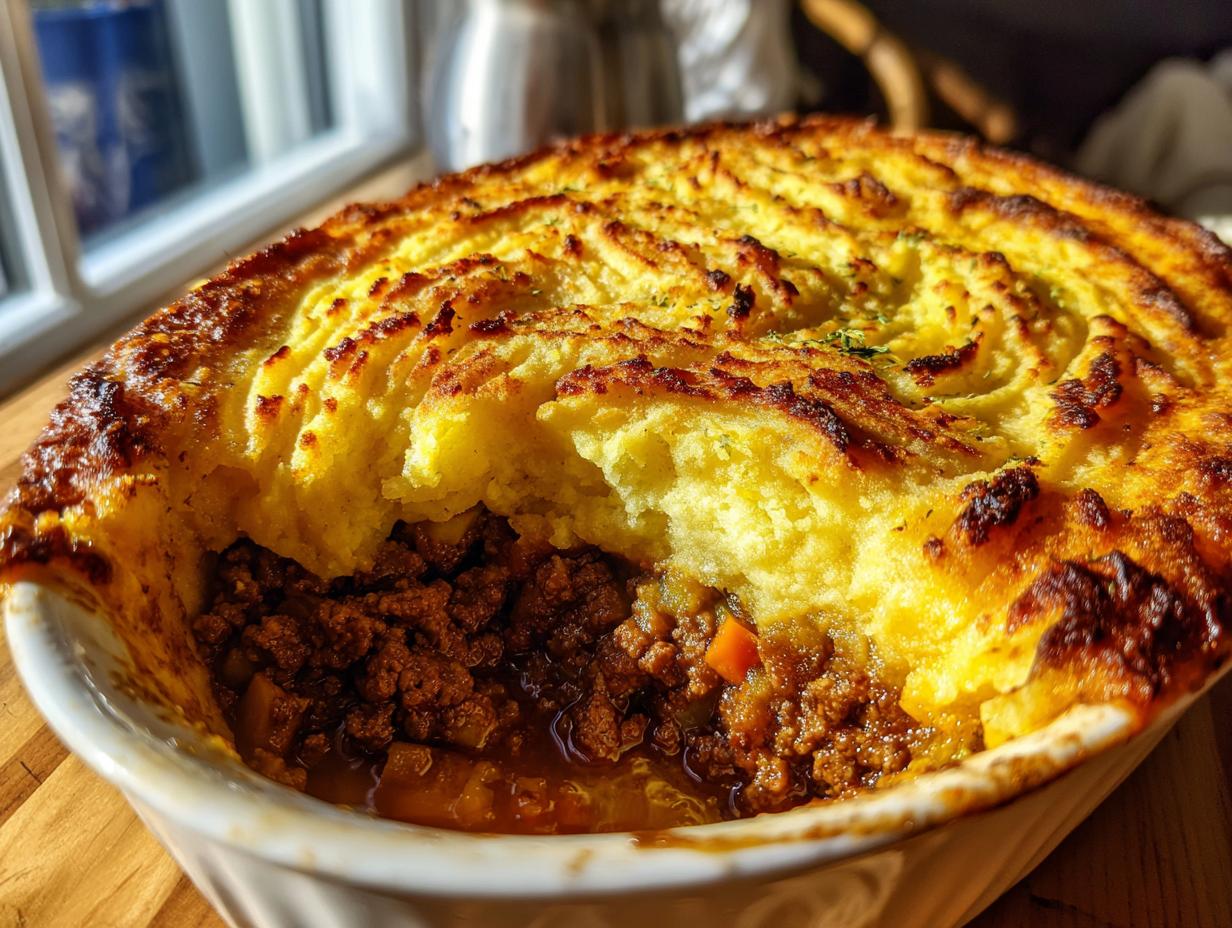 A close-up of a golden-brown classic shepherd's pie with a rich meat filling and fluffy mashed potato topping.