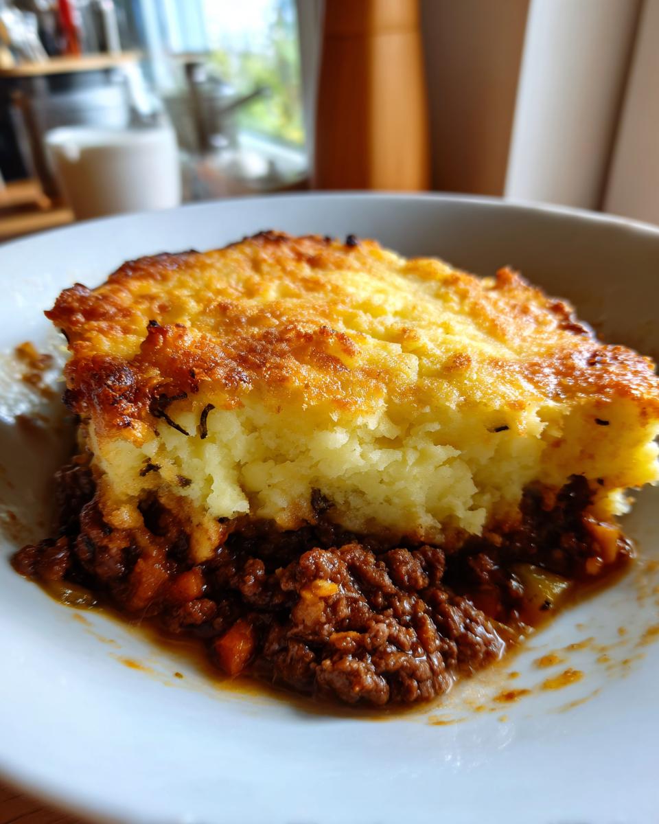 A close-up of a serving of Classic Shepherd's Pie, showing the rich meat filling and a golden-brown mashed potato topping.