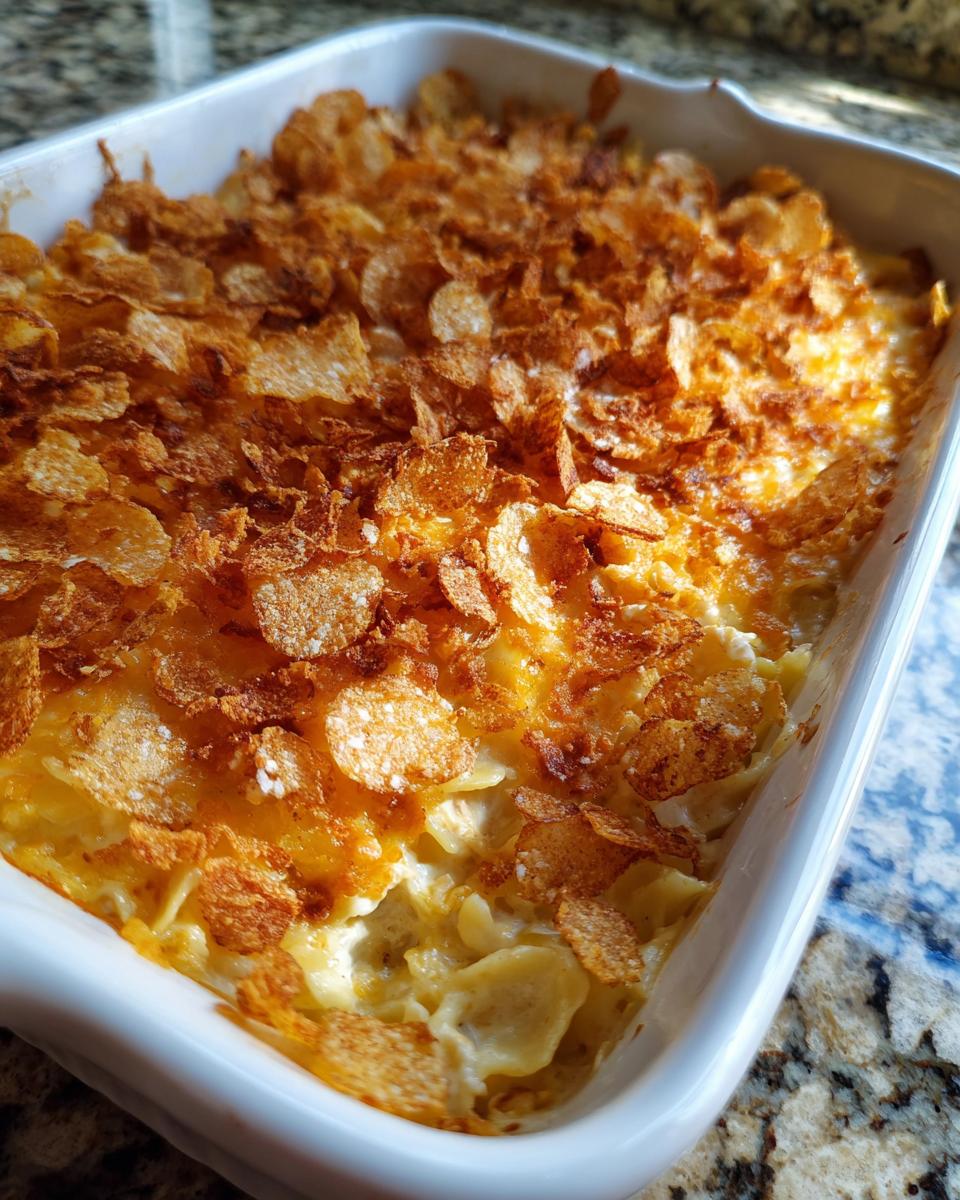 A close-up view of a classic tuna casserole in a white baking dish, topped with golden-brown crushed cornflakes.