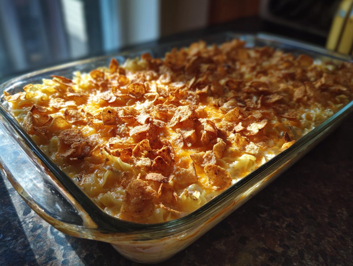 A golden-brown classic tuna casserole topped with crushed cornflakes and melted cheese in a glass baking dish.
