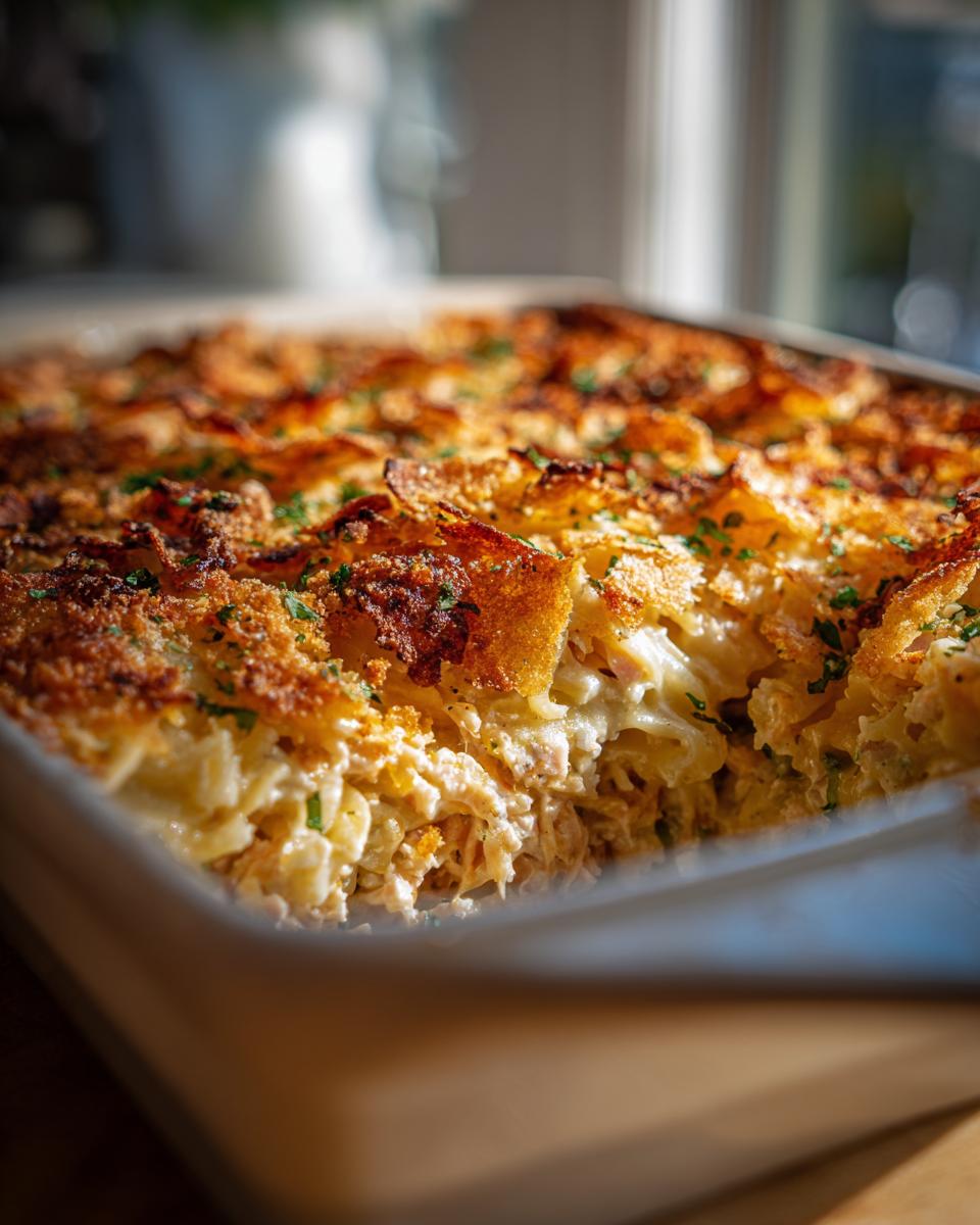 A close-up of a golden-brown crust on a classic tuna casserole, sprinkled with fresh parsley.