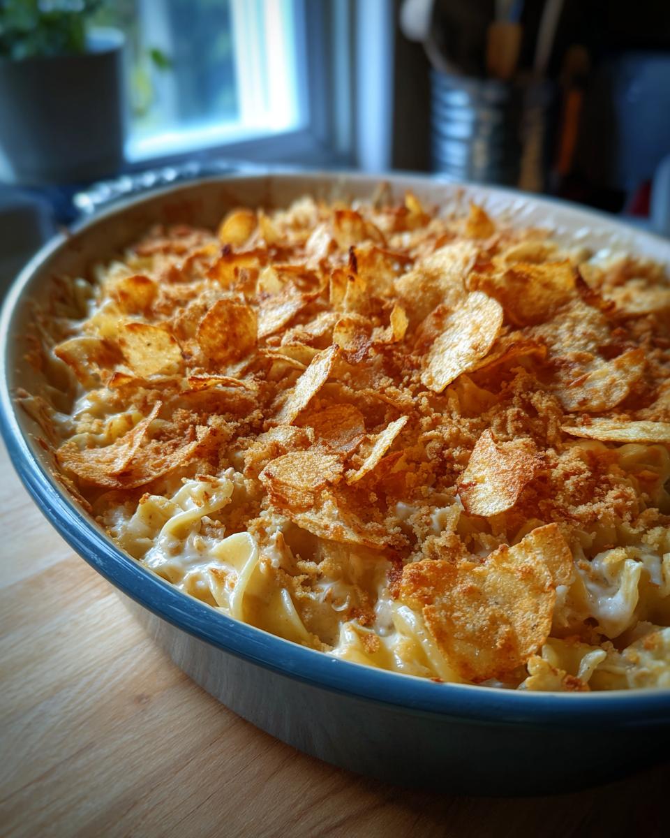 A close-up of a classic Tuna Casserole in a blue baking dish, topped with crispy potato chips and breadcrumbs.