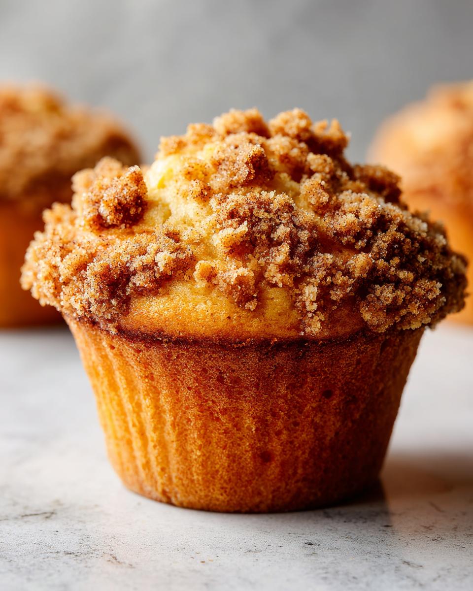 Close-up of a golden brown coffee cake muffin topped with a generous amount of cinnamon streusel.