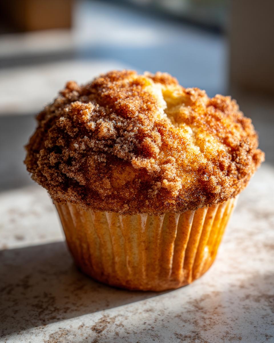 Close-up of a perfectly baked coffee cake muffin with a generous cinnamon streusel topping.