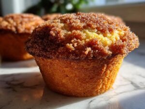 Close-up of a perfectly baked coffee cake muffin with a crumbly streusel topping.