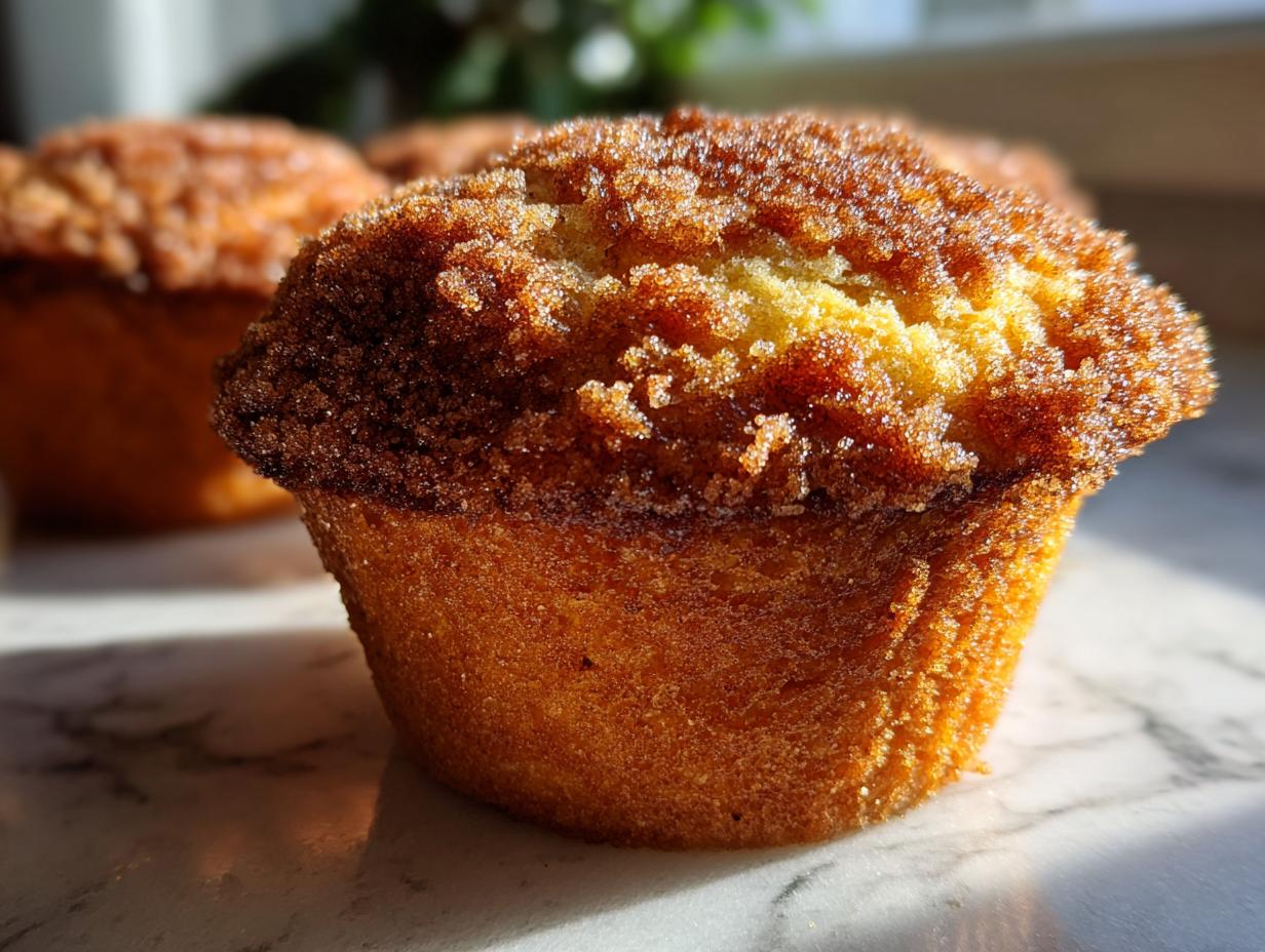 Close-up of a perfectly baked coffee cake muffin with a crumbly streusel topping.