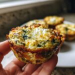 A hand holding a delicious Cottage Cheese Egg Cup with Spinach & Feta, with more cups in the background.