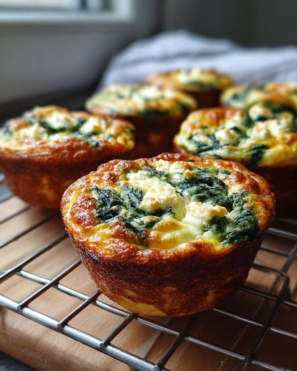 Close-up of golden-brown Cottage Cheese Egg Cups with Spinach & Feta on a cooling rack.