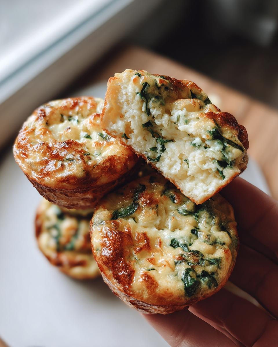 Close-up of Cottage Cheese Egg Cups with Spinach & Feta, one cup is broken in half to show the fluffy interior.