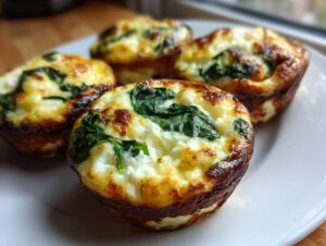 Close-up of delicious Cottage Cheese Egg Cups With Spinach & Feta on a white plate.