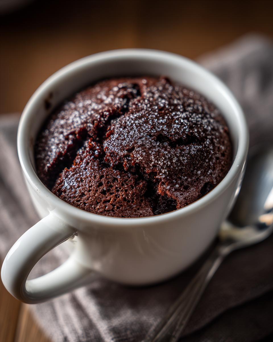 A close-up of a decadent Cottage Cheese Microwave Brownie dusted with powdered sugar, served in a white mug with a spoon.