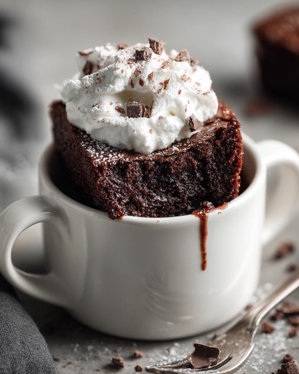 A close-up of a decadent Cottage Cheese Microwave Brownie topped with whipped cream and chocolate shavings, served in a white mug.