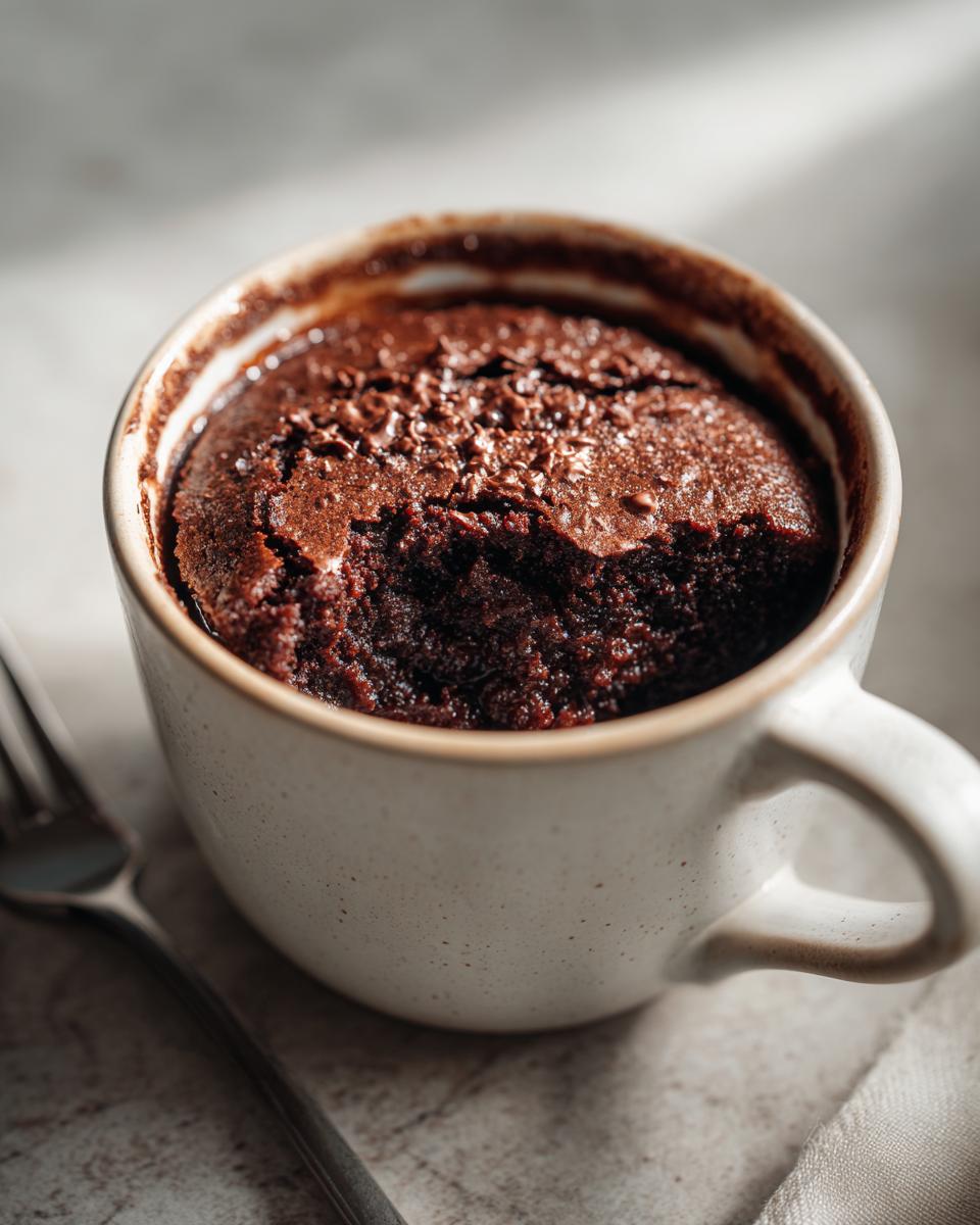A close-up of a rich chocolate cottage cheese microwave brownie in a white mug, topped with chocolate shavings.