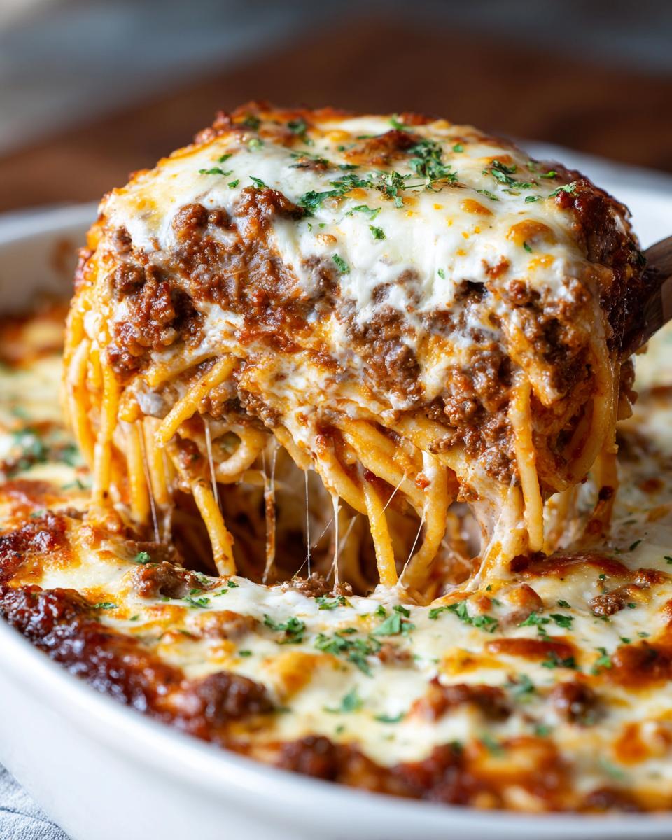 A serving spoon lifts a portion of creamy baked spaghetti casserole, showing melted cheese strings and a rich meat sauce.