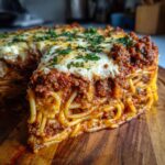 A slice of creamy baked spaghetti casserole with layers of spaghetti, meat sauce, and melted cheese, garnished with parsley.
