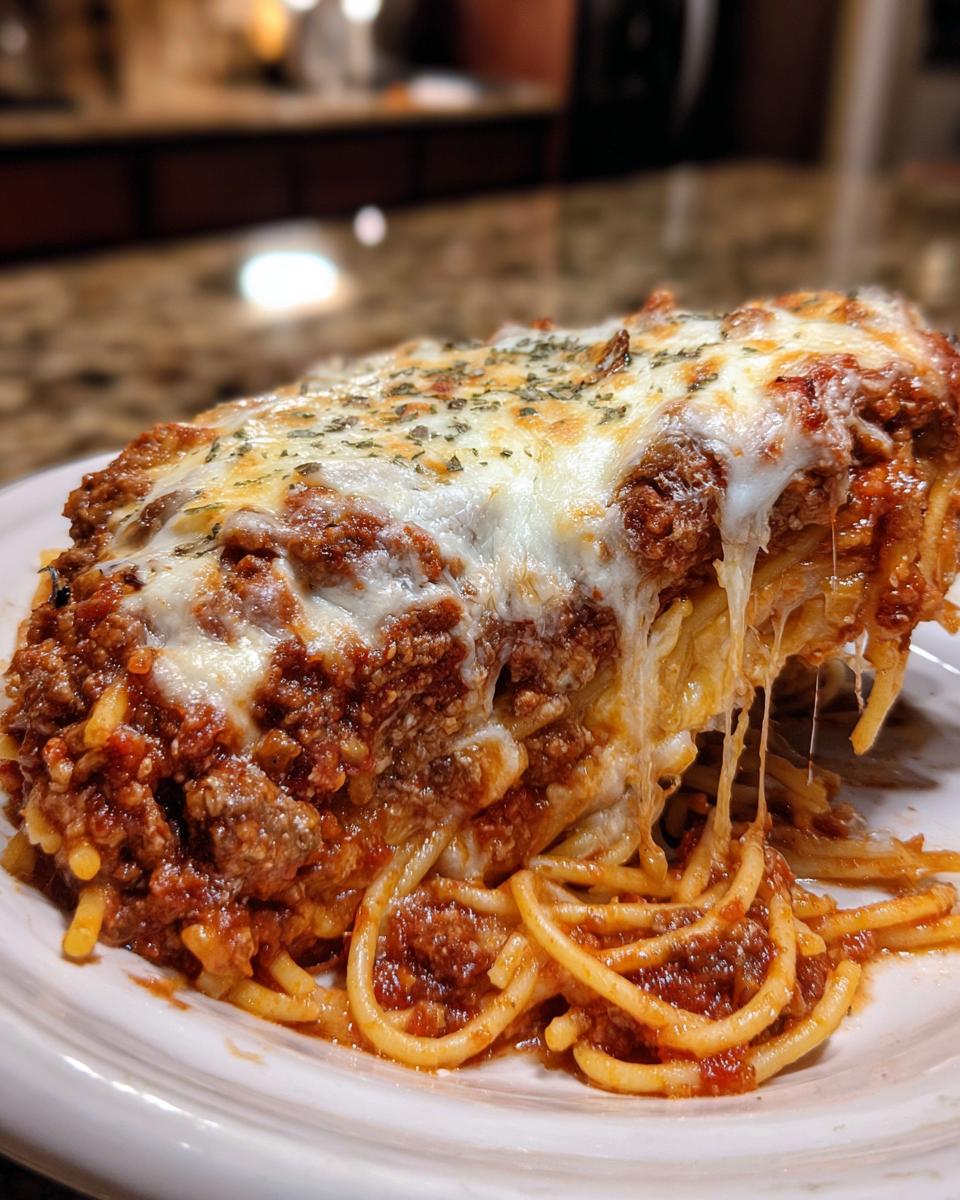 A generous slice of creamy baked spaghetti casserole, topped with melted mozzarella cheese and herbs.