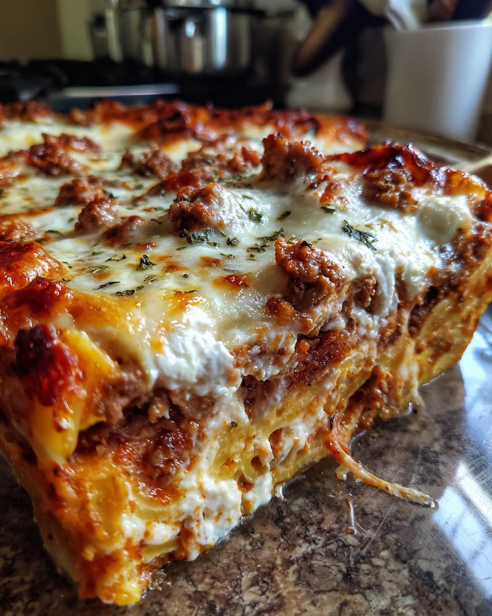 A close-up of a slice of creamy baked spaghetti casserole, showing layers of pasta, meat sauce, and cheese.