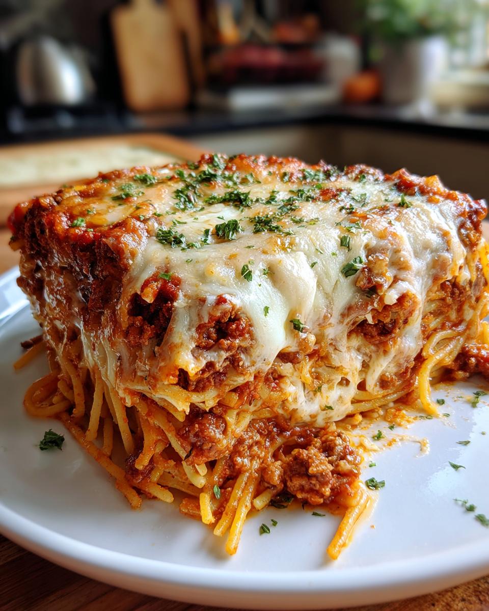 A generous slice of creamy baked spaghetti casserole, topped with melted cheese and fresh parsley.