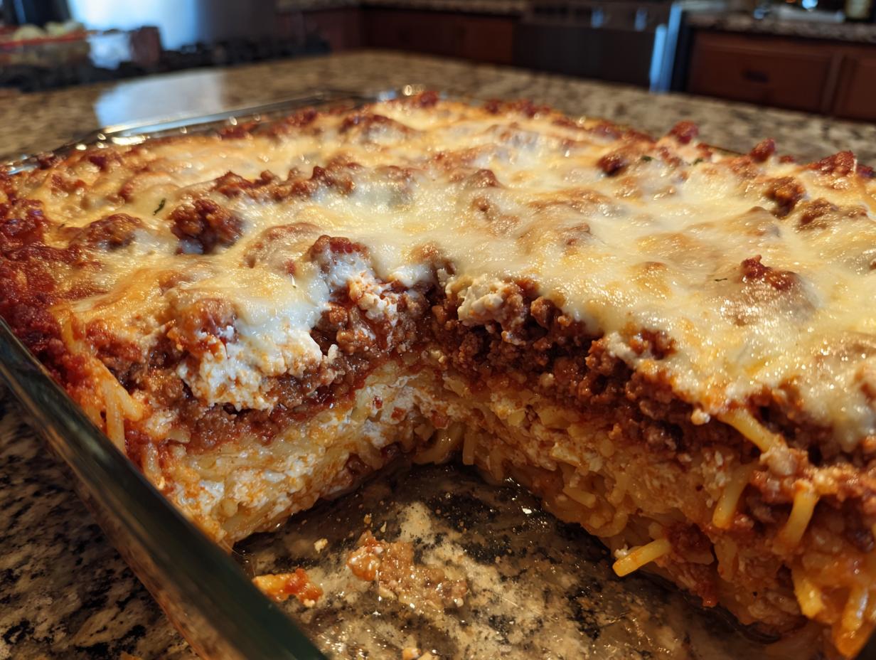 Close-up of a creamy baked spaghetti casserole with layers of spaghetti, ricotta cheese, and meat sauce, topped with melted mozzarella.