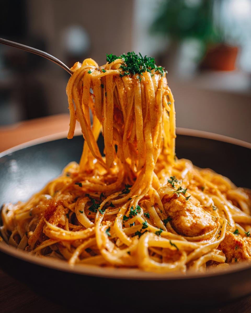 A fork lifting a generous portion of creamy lemon pasta with chicken and garnished with fresh parsley.