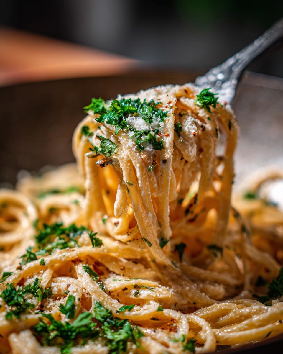 A fork lifting a generous portion of creamy lemon pasta, garnished with fresh parsley and Parmesan cheese.