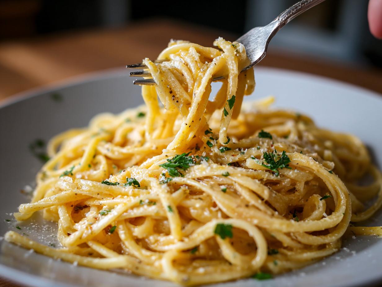 A fork twirls a generous portion of creamy lemon pasta, garnished with fresh parsley and grated cheese.