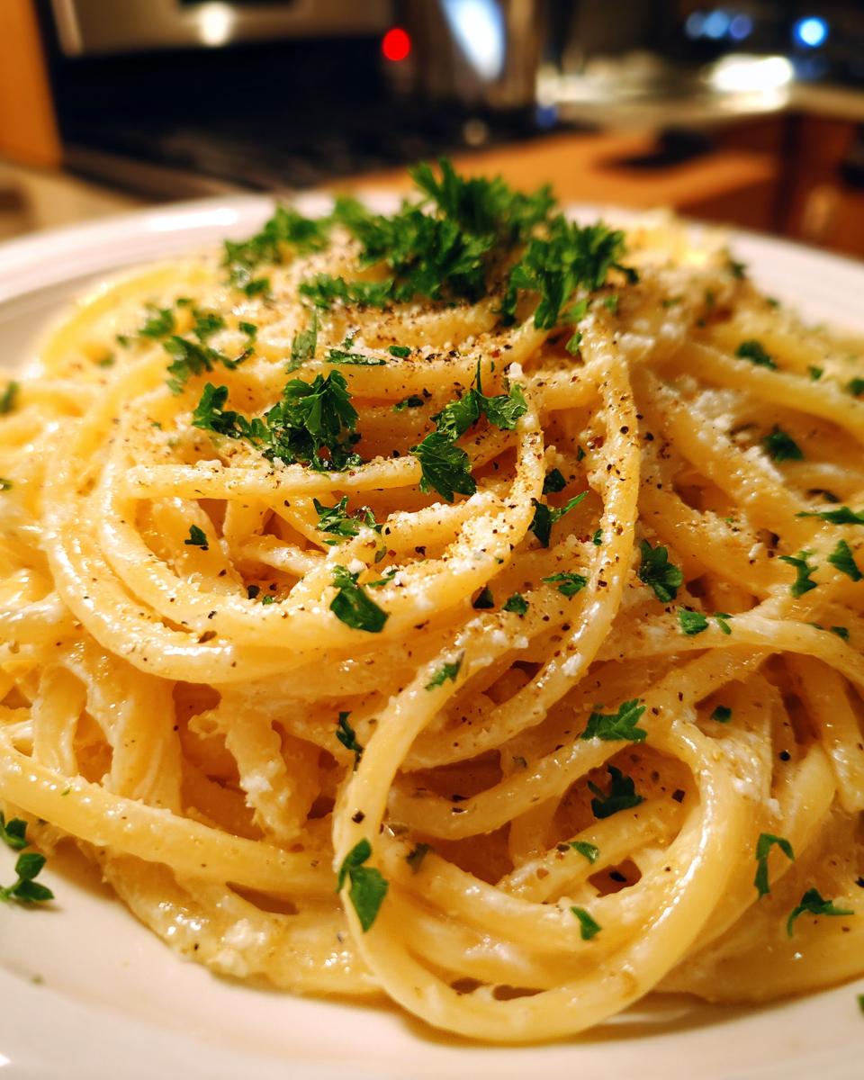 A close-up of a plate of creamy lemon pasta, garnished with fresh parsley and black pepper.