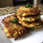 A stack of golden-brown, crispy zucchini fritters garnished with fresh parsley on a white plate.