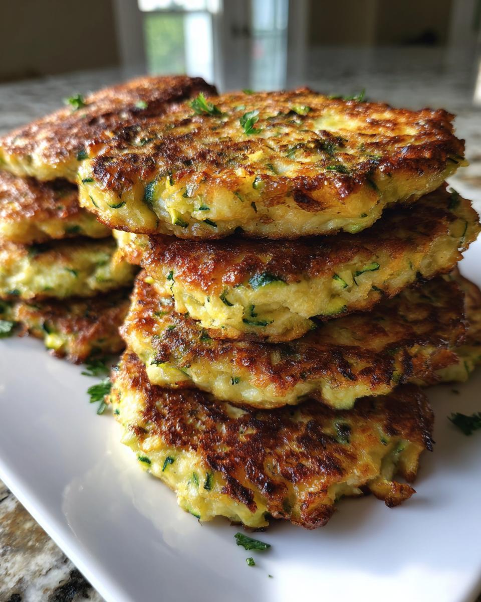 A tall stack of golden-brown zucchini fritters, garnished with fresh parsley, on a white plate.