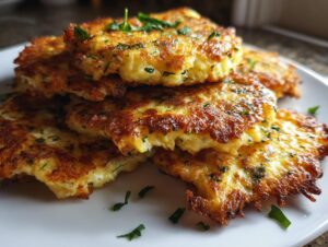 A stack of golden-brown zucchini fritters, lightly seasoned with herbs, served on a white plate.