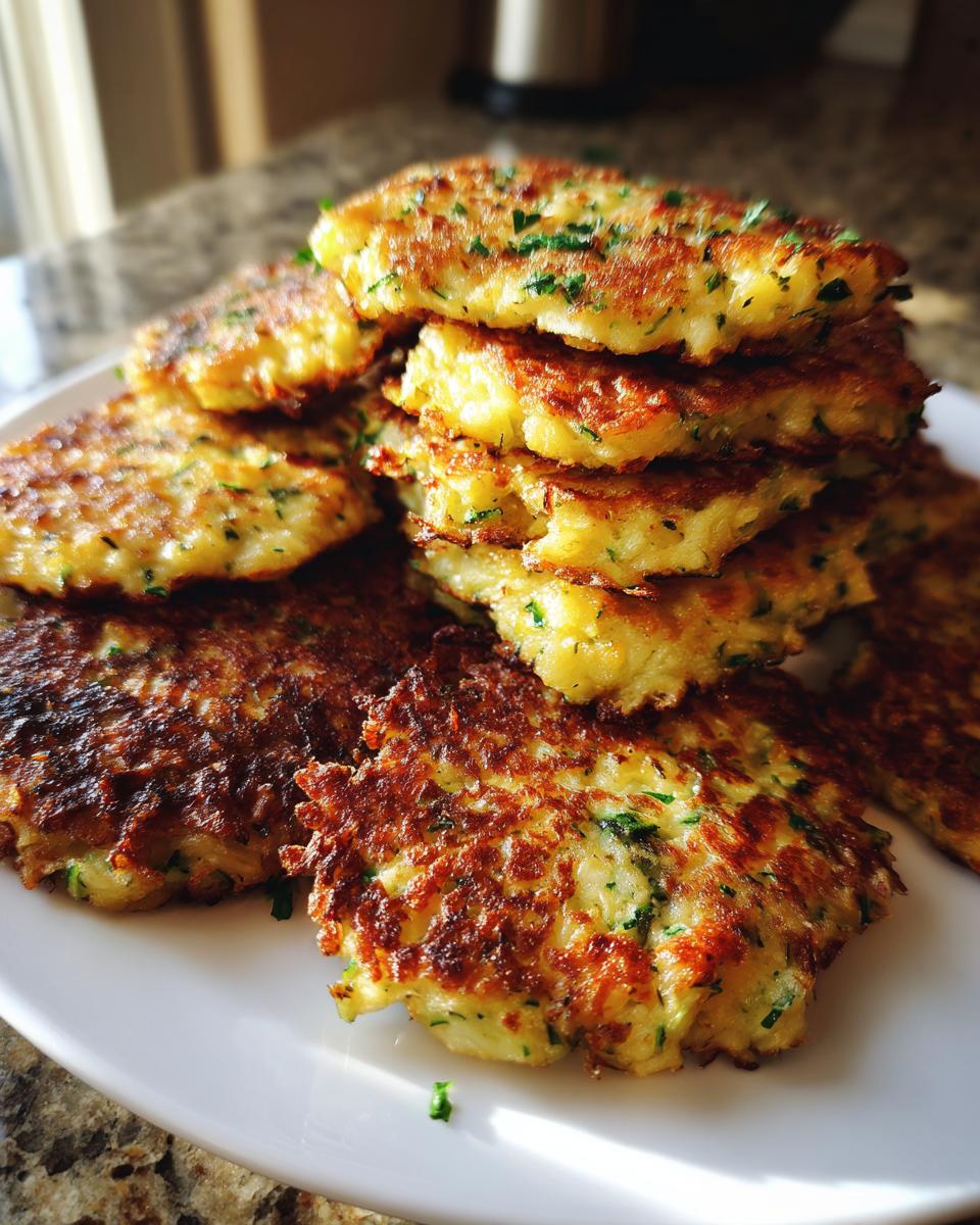 A close-up, stacked pile of golden-brown zucchini fritters, seasoned with herbs, on a white plate.