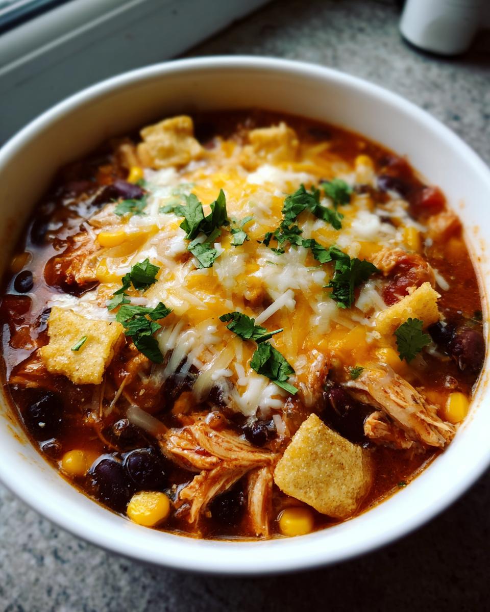 A close-up of a bowl of Crockpot Chicken Enchilada Soup topped with shredded cheese and cilantro.