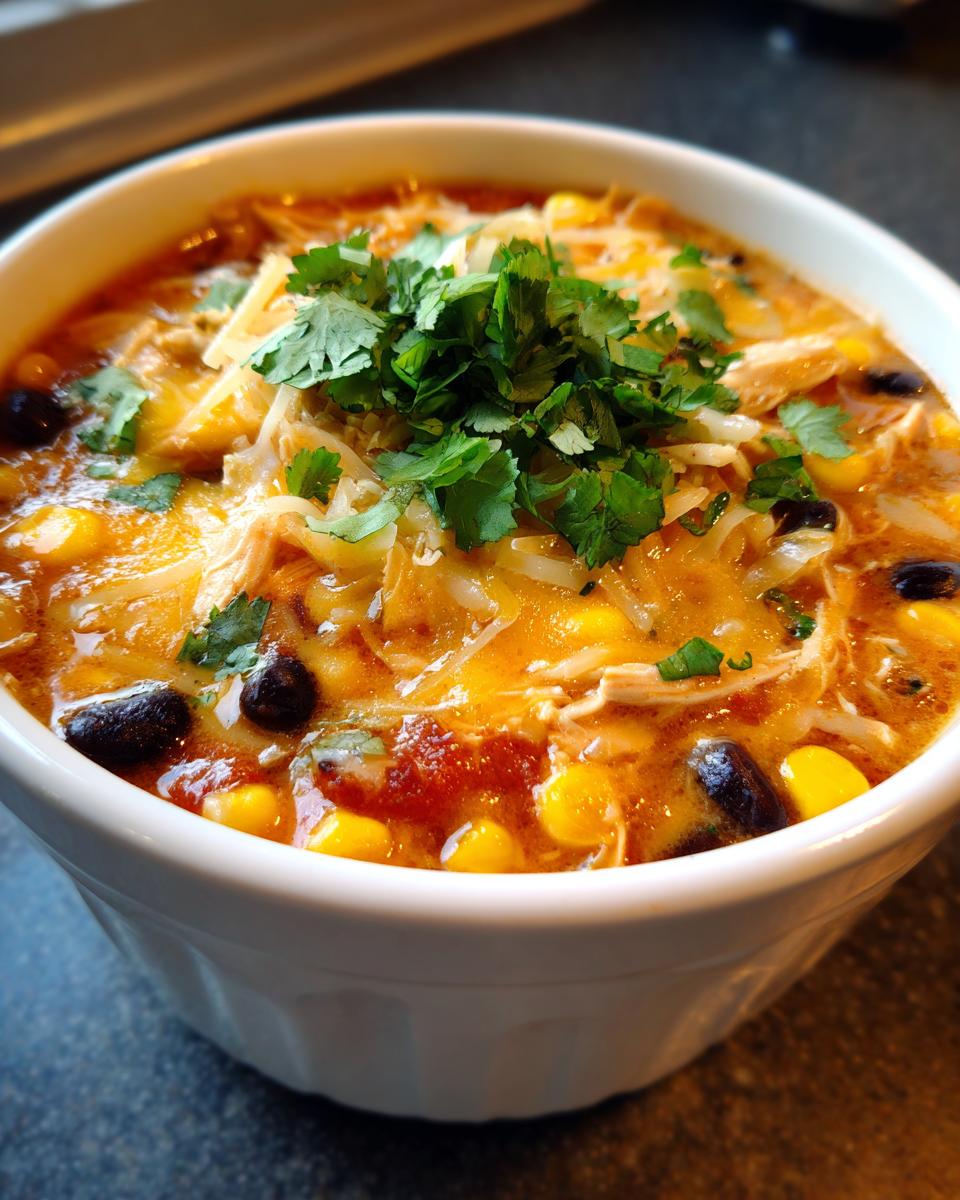 A close-up of a white bowl filled with Crockpot Chicken Enchilada Soup, topped with shredded cheese and cilantro.