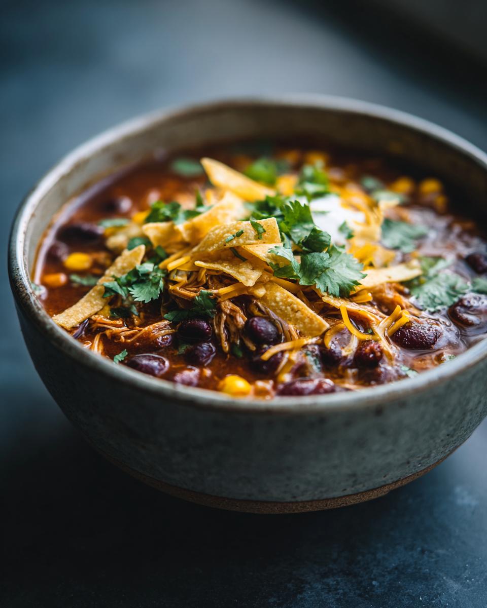 A bowl of Crockpot Chicken Enchilada Soup topped with shredded cheese, tortilla strips, cilantro, and sour cream.