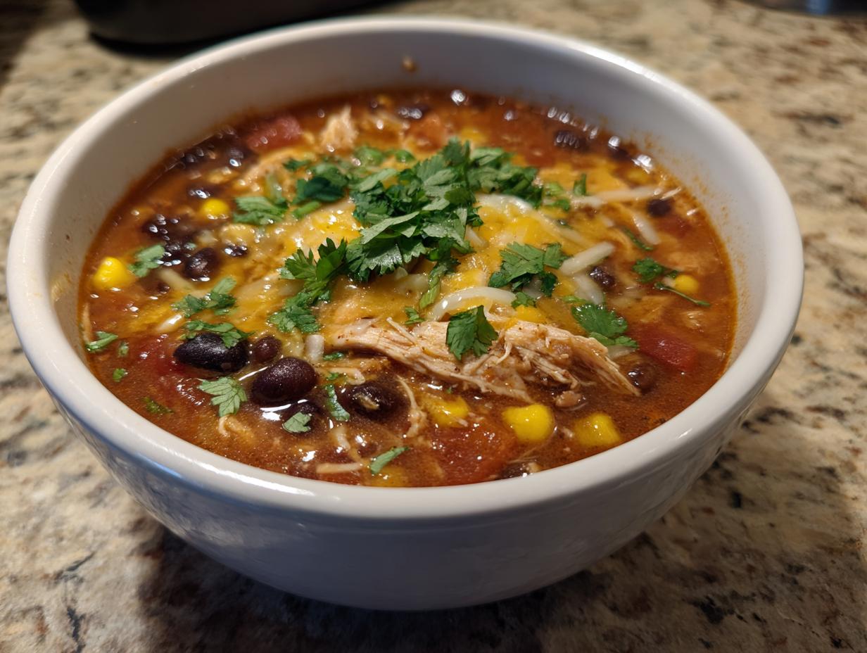 A white bowl filled with hearty Crockpot Chicken Enchilada Soup, topped with shredded cheese and cilantro.