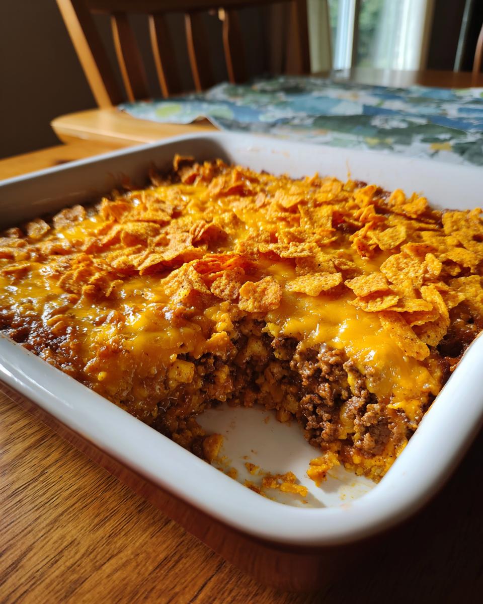 A close-up view of a freshly baked Dorito Casserole in a white baking dish, topped with melted cheese and crushed Doritos.