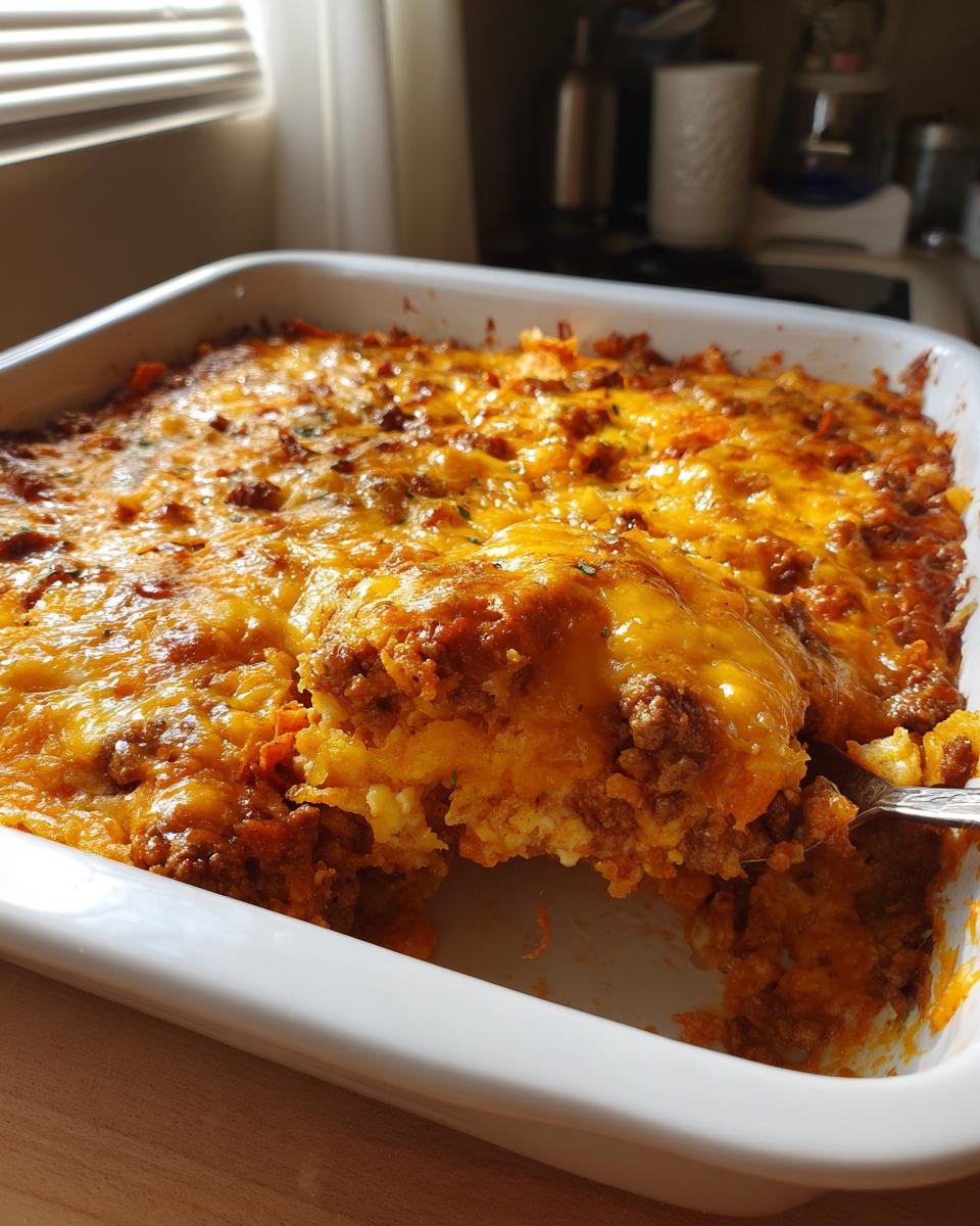 A scoop of cheesy Dorito Casserole with ground beef and a creamy base, served in a white baking dish.