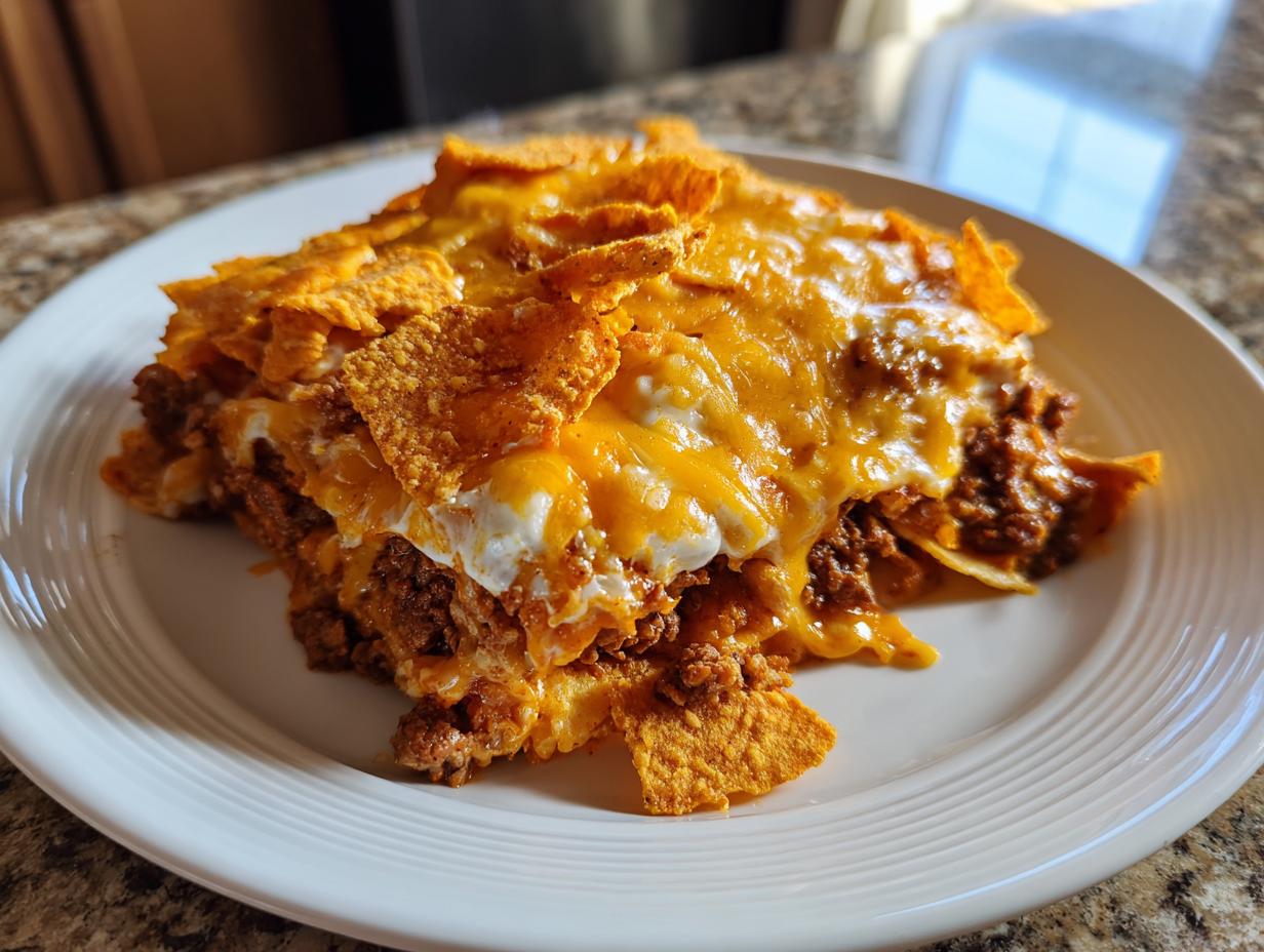 A close-up of a slice of Dorito Casserole, featuring layers of seasoned ground beef, melted cheese, and crushed Doritos.