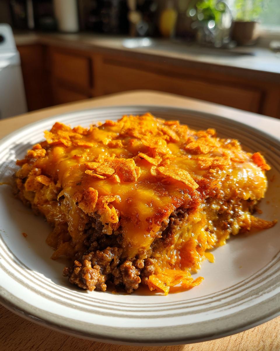 A close-up of a delicious slice of Dorito Casserole, topped with melted cheese and crushed Doritos.